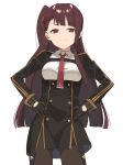  2l_(2lsize) ass_visible_through_thighs bangs black_dress black_gloves black_legwear blunt_bangs blush brown_hair closed_mouth commentary_request cowboy_shot dress eyebrows_visible_through_hair girls_frontline gloves hair_ribbon half-closed_eyes half_updo hands_on_hips highres long_hair long_sleeves looking_at_viewer one_side_up pantyhose red_eyes red_ribbon ribbon short_dress simple_background smile smug solo tsurime very_long_hair wa2000_(girls_frontline) white_background 