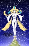  2014 anthro black_eyes breasts christmas clothed clothing featureless_crotch female holidays jirachi latiar legendary_pok&eacute;mon looking_at_viewer nintendo open_mouth pok&eacute;mon pok&eacute;morph scarf smile snow solo star tree video_games white_skin wide_hips yellow_skin 