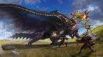  armor bow_(weapon) capcom claws digitigrade feral flying gore_magala group human mace mammal monster_hunter official_art open_mouth outside ranged_weapon size_difference sword video_games weapon wings 