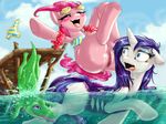  &lt;3 &lt;3_eyes anus butt clitoris clothing dimwitdog equine female feral friendship_is_magic fur group gummy hair horn horse jumping mammal my_little_pony outside partially_clothed pinkie_pie_(mlp) pony pussy rarity_(mlp) swimming water 