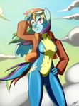  2015 anthro anthrofied cloud equine eyewear female flight_jacket friendship_is_magic goggles hair hand_on_hip jacket looking_up mammal multicolored_hair my_little_pony outside pegasus pose purple_eyes rainbow_dash_(mlp) rainbow_hair skecchiart skinsuit sky solo wings 