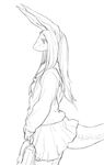  anthro bag blouse bow bow_tie dragon female hair in_profile kemono kikurage lizard long_hair monochrome plain_background reptile scalie school_uniform sketch skirt solo white_background 