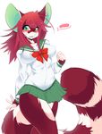  anthro big_breasts blush breasts clothed clothing female green_eyes larkdraws looking_at_viewer mammal open_mouth plain_background red_panda solo standing teeth tongue white_background 