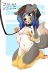  2015 anthro breasts brown_eyes canine collar cute disney dog english_text female hat kneeling leash mammal navel_piercing nipples nude piercing rainbowscreen solo text tongue tongue_out 