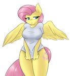  2015 ambris anthro anthrofied big_breasts blush bottomless breasts clothed clothing cutie_mark equine female fluttershy_(mlp) friendship_is_magic fur hair half-dressed mammal my_little_pony pegasus pink_hair plain_background shirt shirt_pull solo teal_eyes white_background wings yellow_fur 