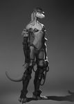  5_fingers abstract_background bikini boots claws clothing female gloves gradient_background greyscale headwear legwear monochrome pouches reptile scalie snake solo standing stirrup_socks swimsuit veramundis 