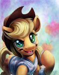  2015 applejack_(mlp) blonde_hair clothing cowboy_hat cutie_mark earth_pony equine eyelashes female feral freckles friendship_is_magic fur green_eyes hair hat horse long_hair mammal my_little_pony nfl open_mouth orange_fur pony smile solo teeth tongue tsitra360 