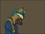  anthro artist blue_eyes blue_nose brown_fur canine clothed clothing fur hair hat looking_away male mammal markings multicolored_fur pencil plain_background shirt short_hair solo tan_fur two_tone_fur wolf 