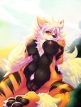  2014 anthro anthrofied arcanine big_breasts black_fur black_nose breasts canine chest_tuft claws female fur hindpaw inuki looking_at_viewer mammal nintendo nipples nude orange_fur outside paws pok&eacute;mon pok&eacute;morph pussy red_eyes solo stripes tuft video_games white_fur wide_hips 