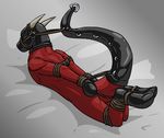  2014 anthro bdsm bed bondage bound dragon endium horn male nude red_skin rubber shaded solo 