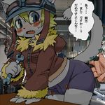  2014 ambiguous_gender anthro black_nose blonde_hair blue_eyes blush cat clothed clothing disembodied_hand duo eyewear feline fur goggles grey_fur hair hat inside japanese_text male mammal nekonohige open_mouth text tools translation_request wrench 