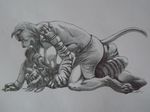  anthro canine clothing dog dogo_argentino ear_piercing facade fight gloves male mammal mixed_martial_arts mma mohawk mounting muscles piercing raised_tail shorts sinistervibe striped_hyena stripes traditional_media_(artwork) wrestling wynne 