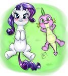  2014 blue_eyes blush dragon duo equine eyelashes fangs female friendship_is_magic grass green_eyes hair horn looking_at_viewer lying male mammal my_little_pony navel on_back pia-sama purple_hair rarity_(mlp) scalie smile spike_(mlp) teeth unicorn 