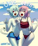  2012 beach bikini blue_hair brothers bulge chizi clothed clothing crossdressing cute duo erect_nipples fangs feline front_view fur girly hair half-dressed lion looking_at_viewer male mammal navel nipples one_eye_closed open_mouth pink_eyes pink_hair playful roaring sea seaside shirt sibling swimsuit tail_tuft tank_top teeth topless tuft twins unis valin water white_fur white_lion wide_hips wink young 
