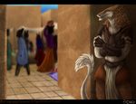  alley armor clothing crowd depth_of_field digital_media_(artwork) group loincloth male maywolf pottery sergal shazuan solo_focus watermark 