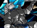  2014 abs aggron anthro blue_eyes bow bulge clothing club dancing horn hyenaface male metal muscles necktie nintendo pecs pok&eacute;mon server shine shiny steel thong video_games weapon 