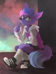  ambiguous_gender canine cub eyewear flat_chested fur glasses green_eyes hair hoodie looking_at_viewer mammal multicolored_hair pink_hair purple_fur purple_hair shoes skirt socks solo yassui young 