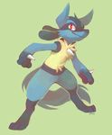  ambiguous_gender canine looking_at_viewer lucario mammal nintendo plain_background pok&eacute;mon red_eyes smile solo video_games yassui 