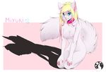  2014 anthro blonde_hair blush breasts cat cyan_eyes digital_media_(artwork) feline female fluffy_tail fur hair kneeling looking_at_viewer lunarii mammal nipples nude pink_highlights shadow smile solo white_fur 