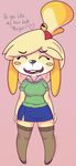  2014 animal_crossing blush breasts canine cute dialogue english_text eyes_closed female isabelle_(animal_crossing) jumper legwear mammal neonlink nintendo open_mouth secretary skirt smile solo stockings text video_games 