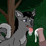  ambiguous_gender animal_genitalia blue_eyes canine cum disembodied_penis drooling duo equine erection fangs feral fluffy forest foxfoxplz fur grey_fur horse horsecock male mammal outside penis saliva solo_focus tongue tongue_out tree wolf 