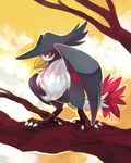  ambiguous_gender avian bird crow honchkrow looking_at_viewer nintendo pok&eacute;mon red_eyes solo tree video_games yassui 