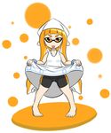  bracelet clothing cosplay dress dress_lift female hair inkling jewelry looking_at_viewer orange_eyes orange_hair shorts solo splatoon squid_girl tongue tongue_out 