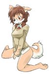  2014 anthro black_nose blush bottomless brown_eyes brown_fur brown_hair canine clothed clothing eyewear female fur glasses hair half-dressed kneeling konopizaga!! mammal open_mouth solo white_fur 