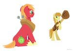  bag big_macintosh_(mlp) braeburn_(mlp) clothing cousins cutie_mark duo equine feral freckles friendship_is_magic fur green_eyes hair hat horse hoverrover male mammal my_little_pony plain_background pony red_fur sitting smile two_tone_hair vest white_background yellow_fur yoke 
