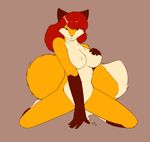  2014 anthro big_breasts blue_eyes breasts brown_fur canine convenient_censorship covering female fluffy_tail fox fur hair kneeling looking_at_viewer mammal nude orange_fur red_hair smile socks solo spread_legs spreading starfighter white_fur 