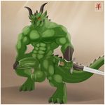  2014 aaron_(artist) abs anthro armor balls barefoot biceps big_balls big_muscles big_penis claws digital_media_(artwork) dragon erection green_penis green_skin horn huge_muscles humanoid_penis lizard looking_at_viewer male muscles nude pecs penis pose red_eyes reptile ripped scales scalie smile solo standing sword thick_penis toe_claws toned varanis_blackclaw vein veiny_penis weapon 