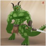  2014 aaron_(artist) abs anthro armor barefoot belt biceps big_muscles bulge claws clothed clothing digital_media_(artwork) dragon green_skin half-dressed horn huge_muscles lizard loincloth looking_at_viewer male muscles pecs pose red_eyes reptile ripped scales scalie smile solo standing sword toe_claws toned topless varanis_blackclaw weapon 