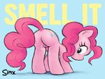  blue_eyes butt cutie_mark earth_pony english_text equine female friendship_is_magic hair horse lol_comments looking_back mammal my_little_pony pink_hair pinkie_pie_(mlp) pony pussy pussy_juice simx solo text wet 