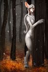  2014 anthro breasts cervine deer female fur hair mammal nude red_eyes snow snowfall solo tasanko white_fur wood 