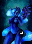  2014 anthro anthrofied art-surgery blue_eyes blue_hair blue_theme breasts clothing cutie_mark equine eyeshadow female friendship_is_magic hair horn looking_at_viewer makeup mammal my_little_pony nipples panties princess_luna_(mlp) solo sparkles thong underwear winged_unicorn wings 