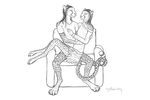  2014 anthro chair cheetah claws couple cryme_the_cheetah digital_media_(artwork) duo eye_contact feline fluffy_panther gay girly hair holding hybrid jaguar khraym line_art long_hair love male mammal panther piercing recliner rosettes sitting sketch skirt spots whiskers 