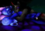  2014 anthro anthrofied art-surgery bed blue_hair blush couple cutie_mark duo equine eye_mist female friendship_is_magic hair horn hug king_sombra_(mlp) lying male mammal my_little_pony nude princess_luna_(mlp) red_eyes sweat unicorn winged_unicorn wings 