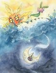  ambiguous_gender chikorita day group hoppip lunatone mantine night nintendo partially_submerged pok&eacute;mon remoraid shandria solrock traditional_media_(artwork) underwater video_games water watercolor_(artwork) 