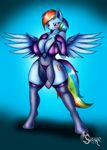  2014 anthro anthrofied big_breasts blush breasts cleavage clothed clothing cutie_mark equine female friendship_is_magic gloves hair legwear lingerie mammal multicolored_hair my_little_pony navel pegasus rainbow_dash_(mlp) rainbow_hair solo standing stockings suirano translucent transparent_clothing underwear wings 