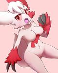  2014 anthro black_nose breasts claws female fur looking_at_viewer navel nintendo nipples nude open_mouth pink_background pink_sclera plain_background pok&eacute;mon pussy red_eyes red_fur solo teeth video_games wazit569 white_fur zangoose 