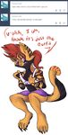  anthro anthrofied ask barefoot beelzemon_(artist) cheerleader cheerleader_outfit crossdressing dialogue english_text ga&euml;l_the_scrafty looking_down male nintendo pok&eacute;mon ponytail scrafty sitting skirt solo speech_bubble stripes text tumblr video_games 