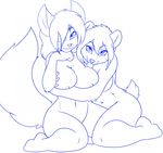  anthro big_breasts blue_and_white breast_lick breasts canine cuddling digital_drawing_(artwork) duo erect_nipples female fluffy_tail fox hair hair_over_eye hug kneeling lesbian licking line_art looking_at_viewer mammal monochrome navel nipples nude plain_background skidd tongue tongue_out translucent_hair vixenchan white_background 