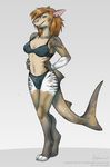  2014 anthro bikini breasts brown_hair clothed clothing ear_piercing female fish hair looking_at_viewer marine piercing pose rotarr shark simple_background skimpy solo standing swimsuit 