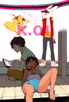  bad_id bad_pixiv_id barefoot blood brown_eyes brown_hair feet furry highres ikezawa_kazuma kari-kenji king_kazuma koiso_kenji multiple_boys oomori_harusame phone punching shorts sitting summer_wars toe-point video_game 