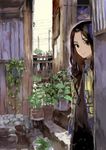  brown_eyes brown_hair long_hair original plant potted_plant smile solo stairs toi8 