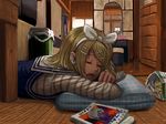  berserk blonde_hair book cameo creator_connection digital_media_player drooling earphones floor hair_ornament hair_ribbon hairclip horuda ipod kagamine_rin kamui_gakupo lying on_stomach parody pillow ribbon room short_hair sleeping solo vocaloid 