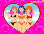  artist_name bikini bubble_blowing chewing_gum day deviantart_username haruka_(pokemon) heart hikari_(pokemon) jimryu kasumi_(pokemon) multiple_girls nintendo ocean outdoors pokemon pokemon_(anime) swimsuit watermark web_address 