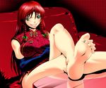  846-gou aqua_eyes barefoot braid china_dress chinese_clothes crossed_legs dress elbow_gloves feet feet_on_table gloves grin hong_meiling long_hair red_hair sitting smile soles solo touhou twin_braids wall-eyed 