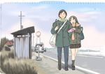  1girl arm_holding arm_hug bag blush brown_hair bus_stop couple hetero original school_uniform skirt watage_chaya 