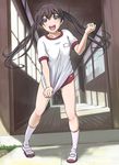  blush brown_eyes brown_hair buruma gym_uniform happy long_hair original shoes socks solo twintails uwabaki watage_chaya 